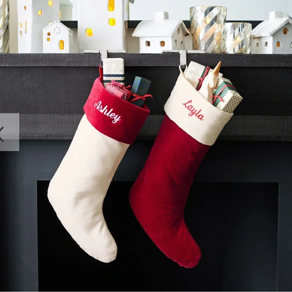 Pottery Barn Velvet Christmas Stocking Ivory with Red Cuff